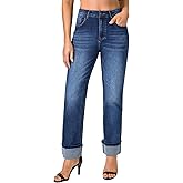 roswear Women’s Straight Leg Jeans High Waisted Boyfriend Stretchy Cuffed Denim Pants