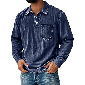 Men's Henley Neck Shirt Classic Distressed Long Sleeve Button Stand Collar Shirts Casual Washed Tops with Pocket