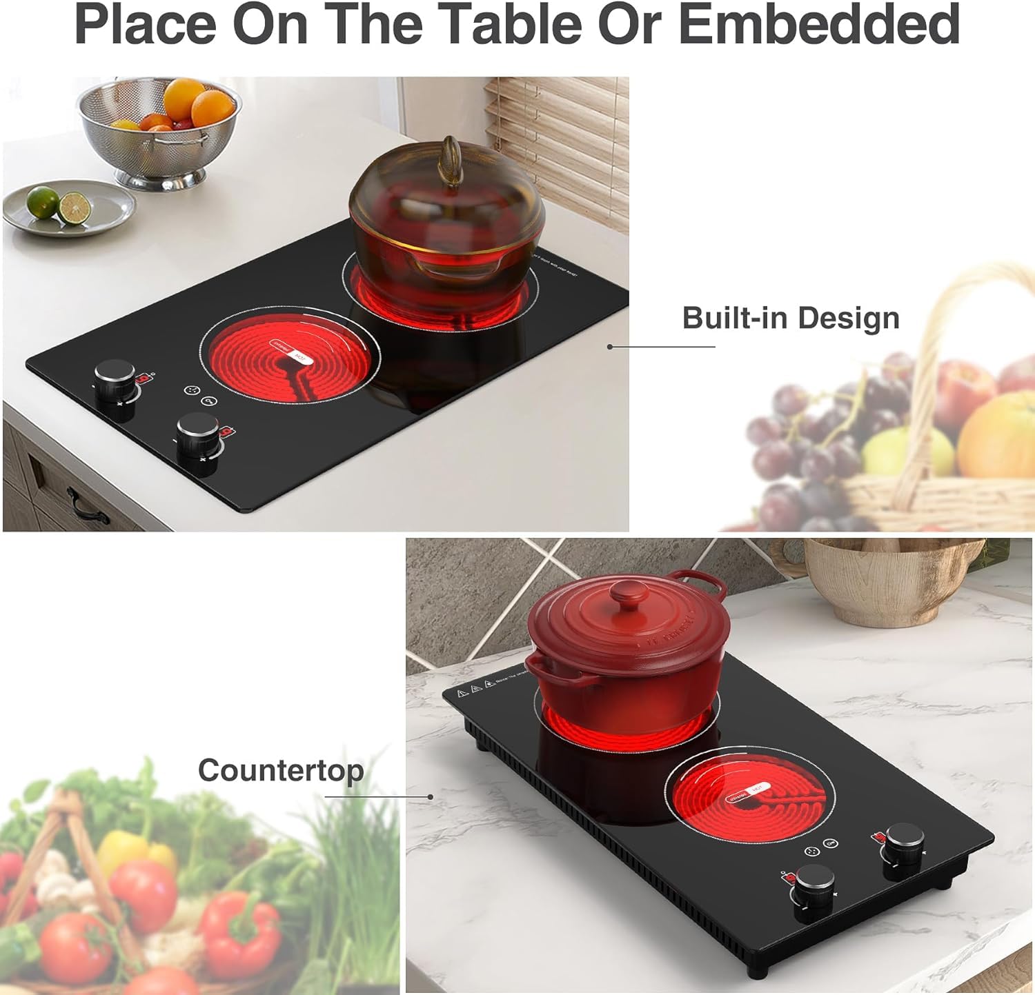 VBGK Electric Cooktop,110V 2100W Electric Stove Top with Knob Control,9 Power Levels, Kids Lock & Timer,LED touch control,Overheat Protection Electric stove,24 Inch desktop 2 burner