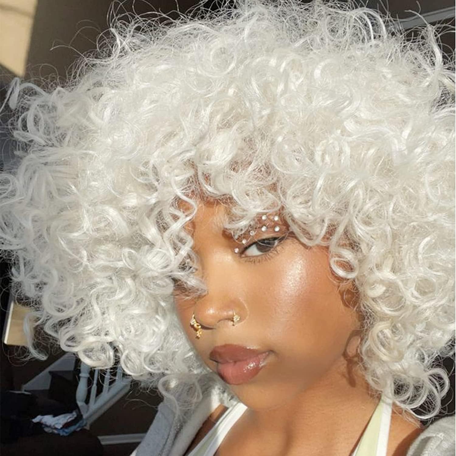 Colorfulpanda Short Curly Afro White Wigs with Fringe Puffy Afro Wig Kinky Culry Natural Synthetic Hair Wigs for Black Women Cosplay Halloween Party/Daily Wear