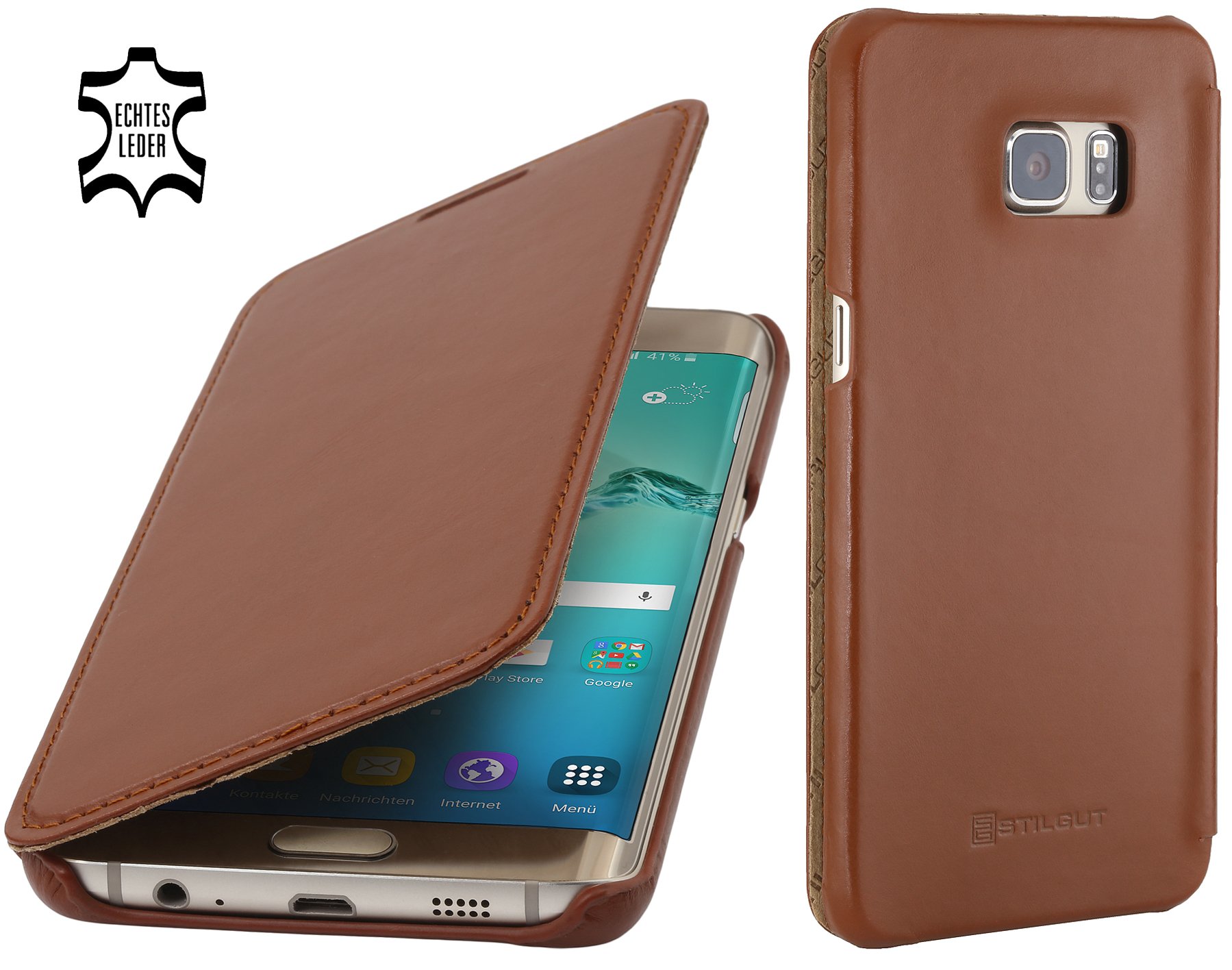 StilGut Case Compatible with Galaxy S6 edge+, Book Type Leather Flip Case, Cognac โ image 1