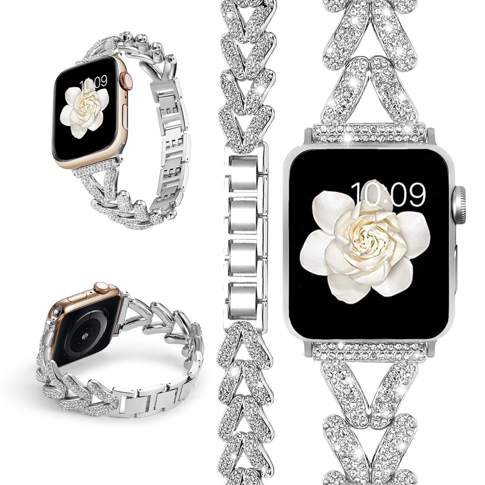 Miimall Strap for Apple Watch Ultra 2/Ultra, Series 10 9 8 7 6 5 4 3 2 1 SE, Bling Rhinestone Zinc Alloy Band Women Adjustable Replacement Strap for iWatch 49mm/46mm/45mm/44mm/42mm, Silver