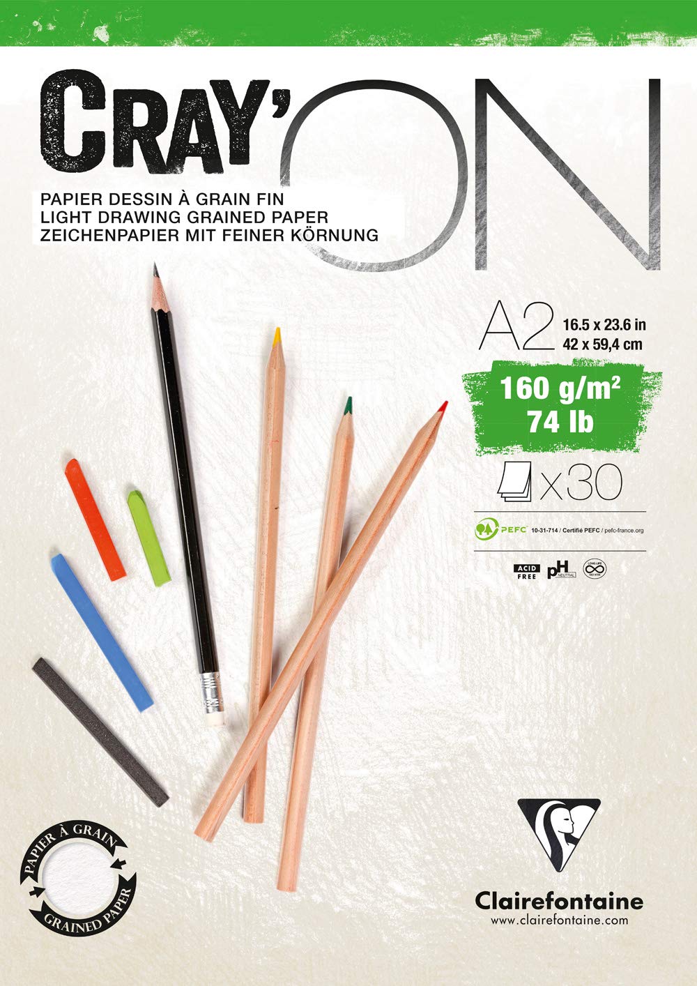 Clairefontaine - Ref 975028C - Cray'On White Glued Sketch Pad (50 Sheets) - A3 (29.7 x 42cm) Size, 160gsm 100% Cellulose Paper, Grained One Size & Smooth Other Side