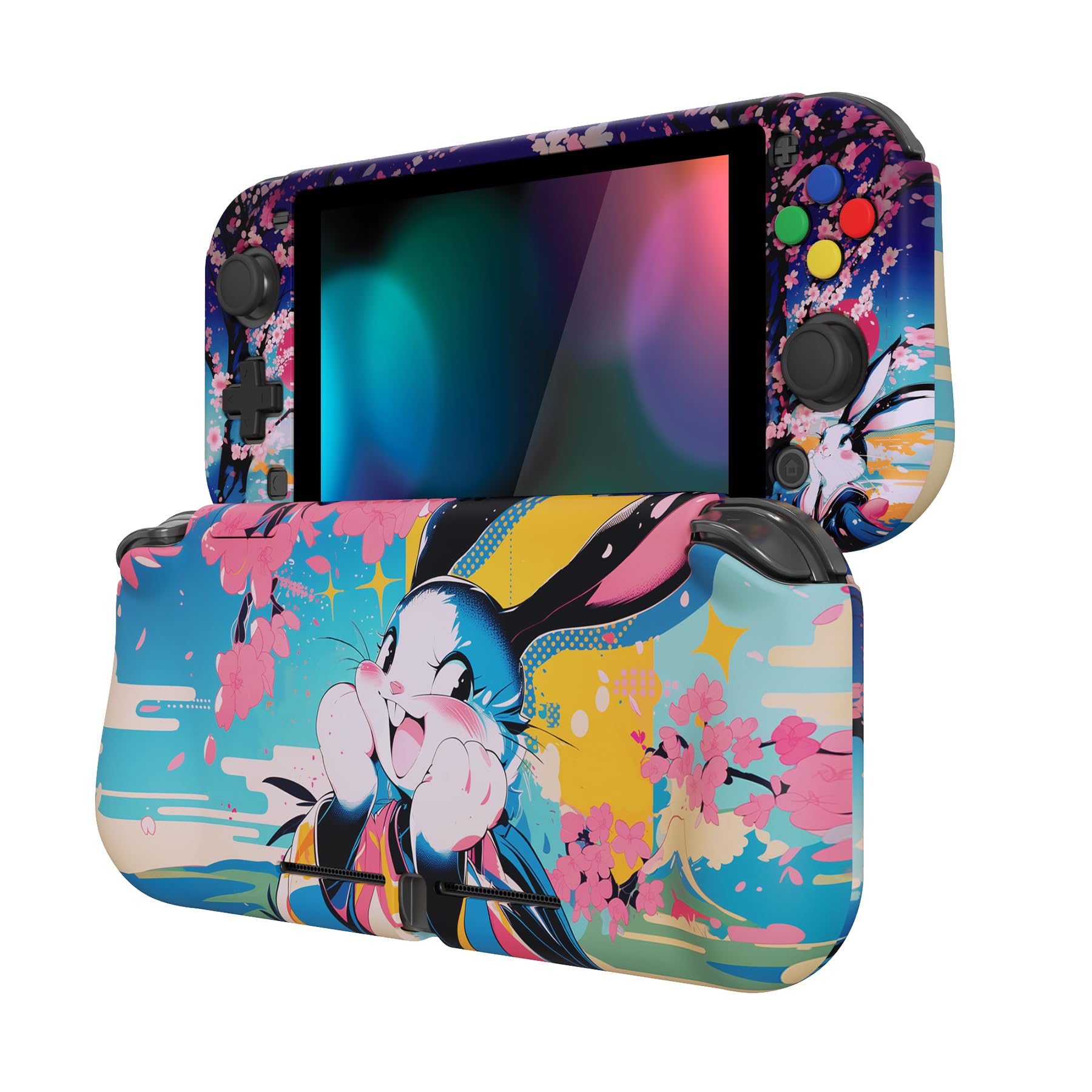 PlayVital ZealProtect Case for Nintendo Switch Lite, Accessories, Protective Cover with Screen Protector & Thumb Grip Caps & Stickers by ABXY Address Button (Habbit, Flower Pop)