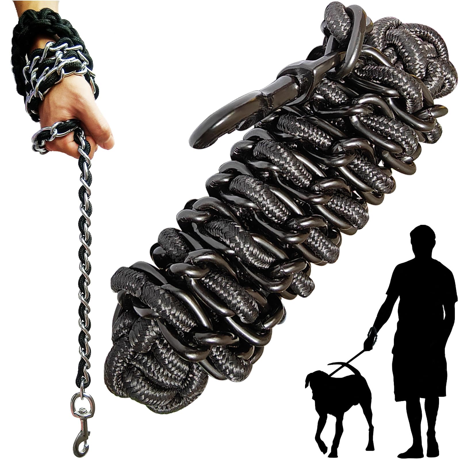 Dog lead Dog Leash Chain Metal Dog Rope Pet Collar Set Strong Heavy Duty Anti Bite 360 Hook for Medium and Large Dogs Training Walking (Black, Large)