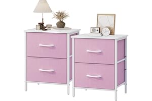 Stero Nightstand Set of 2, Kids Dresser with 2 Drawers, Steel Frame Bedside Furniture, Wood Top Fabric Night Stand, Colorful End Table for Home, Bedroom, Office, Pink