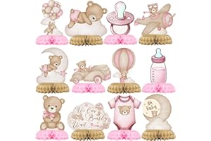 OUTEGO Pink Bear Party Centerpiece Set - Girl Teddy Bear Honeycomb Birthday Decorations and Bear Table Toppers for Kids' Bear-Themed Birthday and Baby Shower Table Decor