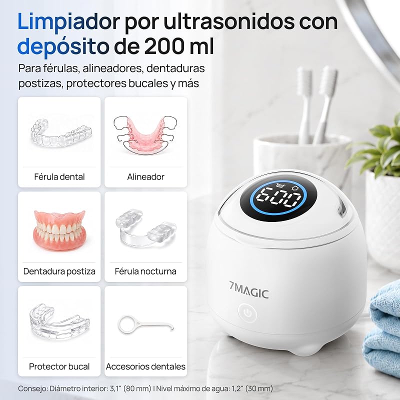 Limpiador ultrasonidos para férula dental, 48 kHz, UV-C, Blanco