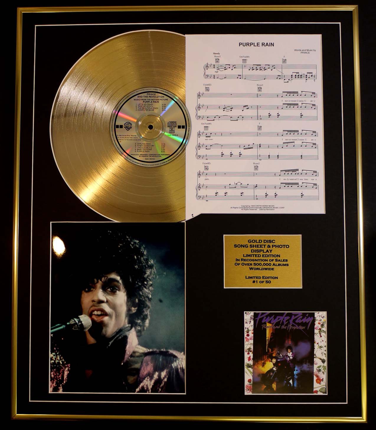 PRINCE/CD GOLD DISC, SONG SHEET & PHOTO DISPLAY/LTD. EDITION/COA/ALBUM, PURPLE RAIN/SONG SHEET, PURPLE RAIN