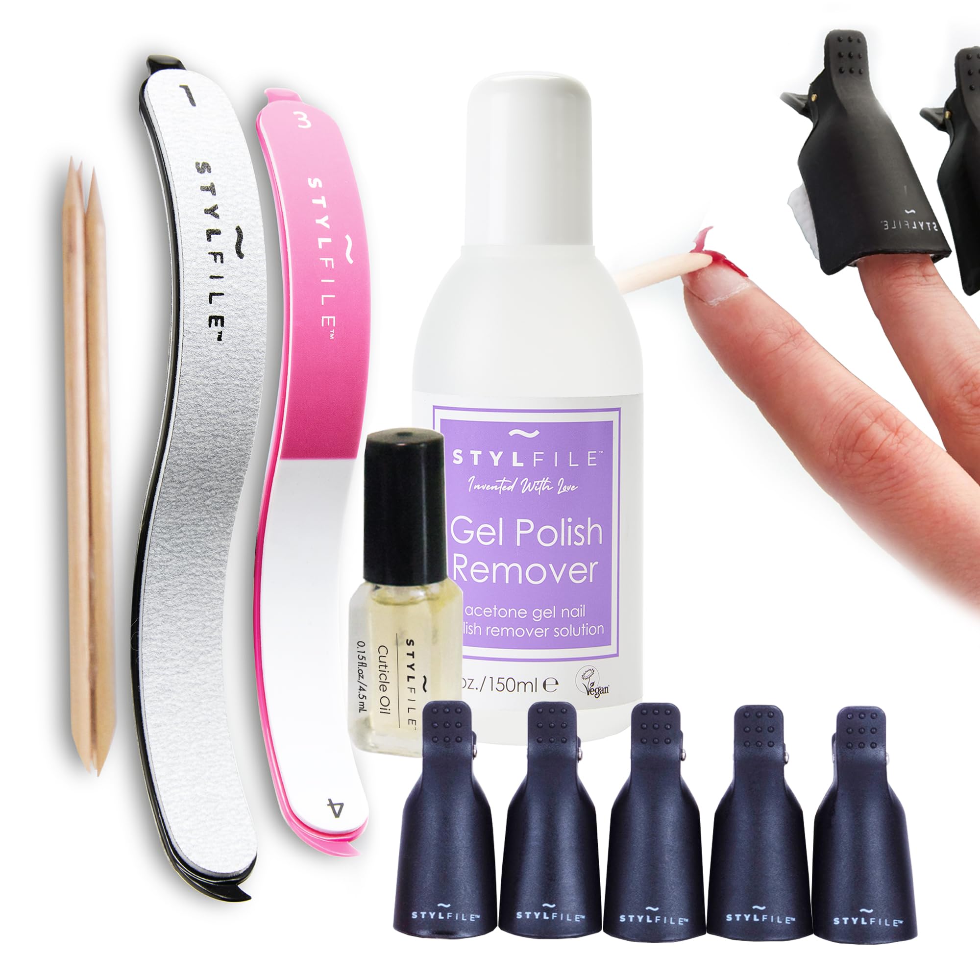 STYLFILE Gel Nail Polish Remover Kit for At-Home Use – Removes Gel and Shellac in 15 Minutes – Includes Acetone Remover, Curved S-File, Nail Buffer, Cuticle Oil, Clips, and Manicure Tools