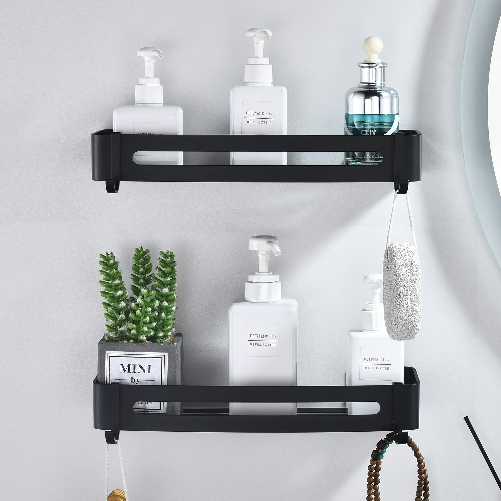 maifey Black Shower Caddy, Bathroom Storage Shelves Wall Mounted, No Drilling Metal Shower Organiser Shelf with Hooks, Shampoo Holder for Shower, Rustproof (2 Tiers)