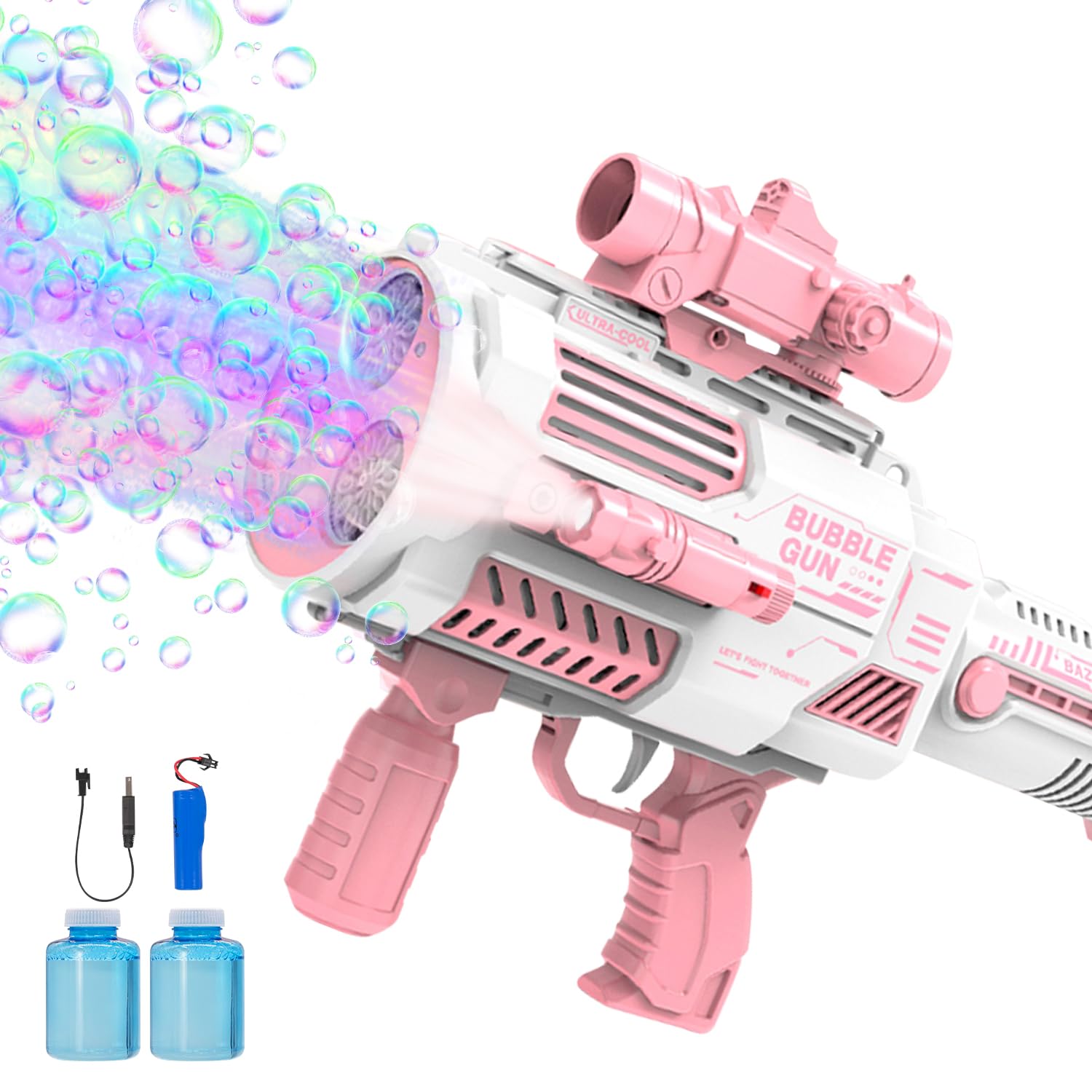 Bubble Guns Automatic with Build-in Bubble Solution (4.4 oz), 3 Fans Drive 6X Lens Bubble Blower Machine, Cool Favors for Summer Ourtdoor Party Birthday Wedding Toy