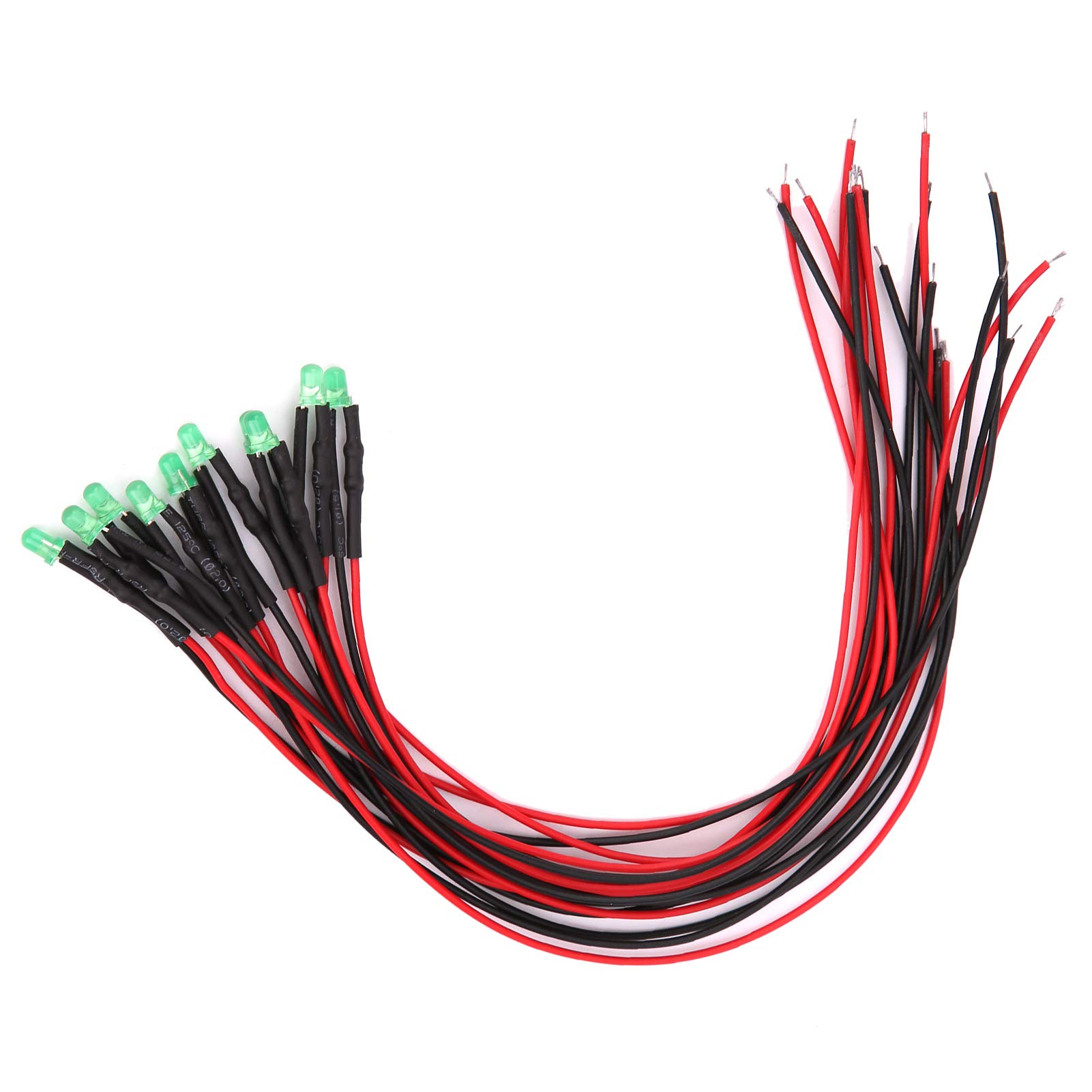 Walfront 100Pcs 12V Wired LED Lights Emitting Diodes Pre Round Head High Brightness in‑Line Beads 3mm 20cm (Green)