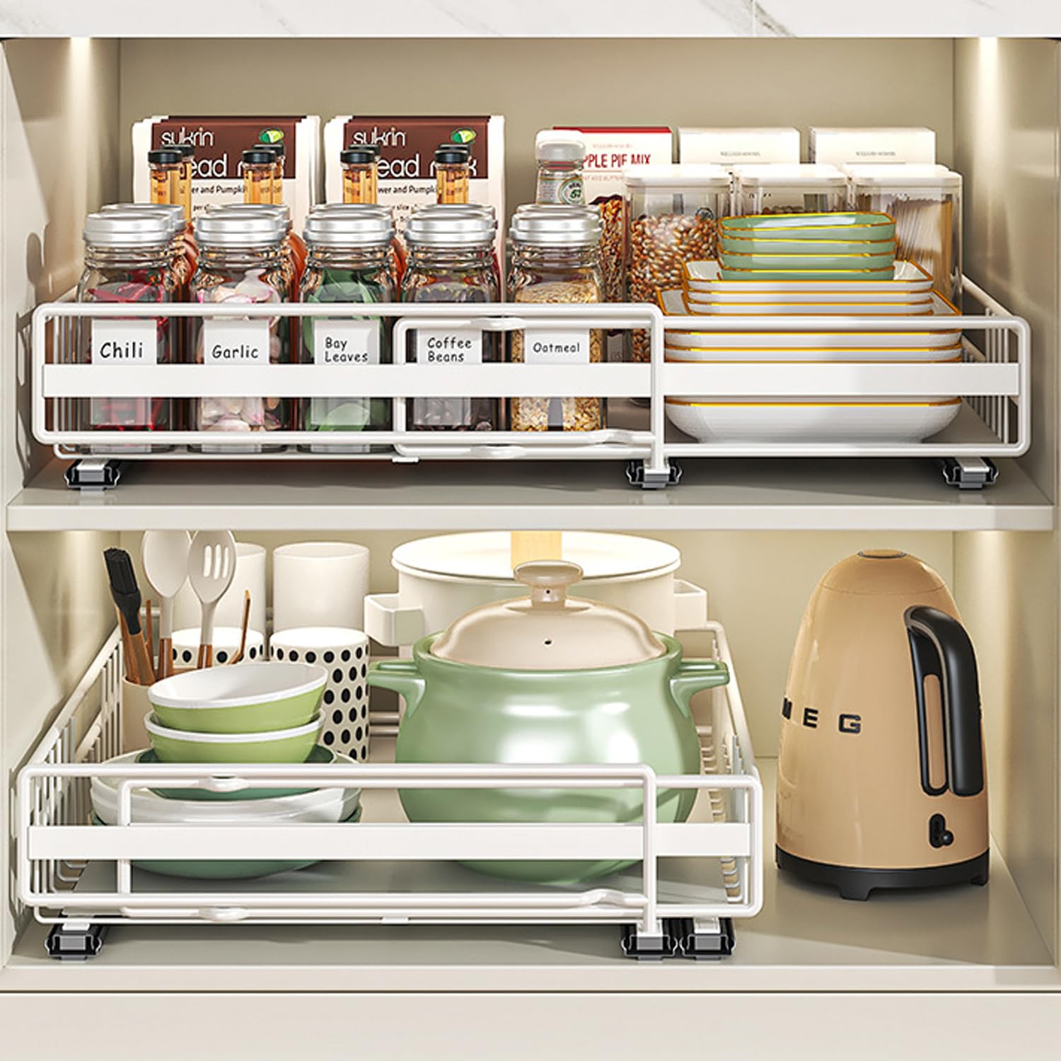 Photo 1 of 2pack Pull Out Cabinet Organizer, Expandable Slide Out Drawers for Kitchen Cabinets, Drawers Fixed with Adhesive Nano Film, Upgrade 3 Slide Rails, Adjustable Width 12"-20.45" White
