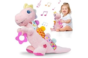 HOLAXANDER Baby Dino Plush Soft Stuffed Animal Toy for 0-3-6-12+ Months,Infant Musical Toy with Rattle,Squeaker,Sensory Crinkle,Teether & Textures,Tummy Time Toys Christmas Baby Gift for Newborn Girl(Pink)