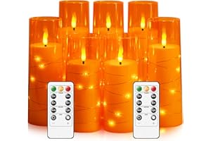 EEBUSS Flameless Candles with Embedded Star String, Battery Operated LED Pillar Candles with Timer and Remote Control,Home Decorating for Ambiance， Set of 7 (D 2.3"×H 5" 5" 6" 6" 7" 7" 7")(Orange)