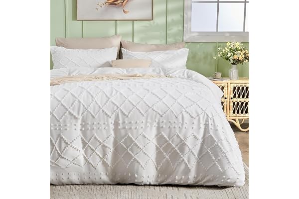 HYMOKEGE Duvet Cover Queen Size, Boho Tufted Duvet Cover Set 3 Pieces, Soft & Lightweight Shabby Chic, Embroidery Bedding Set