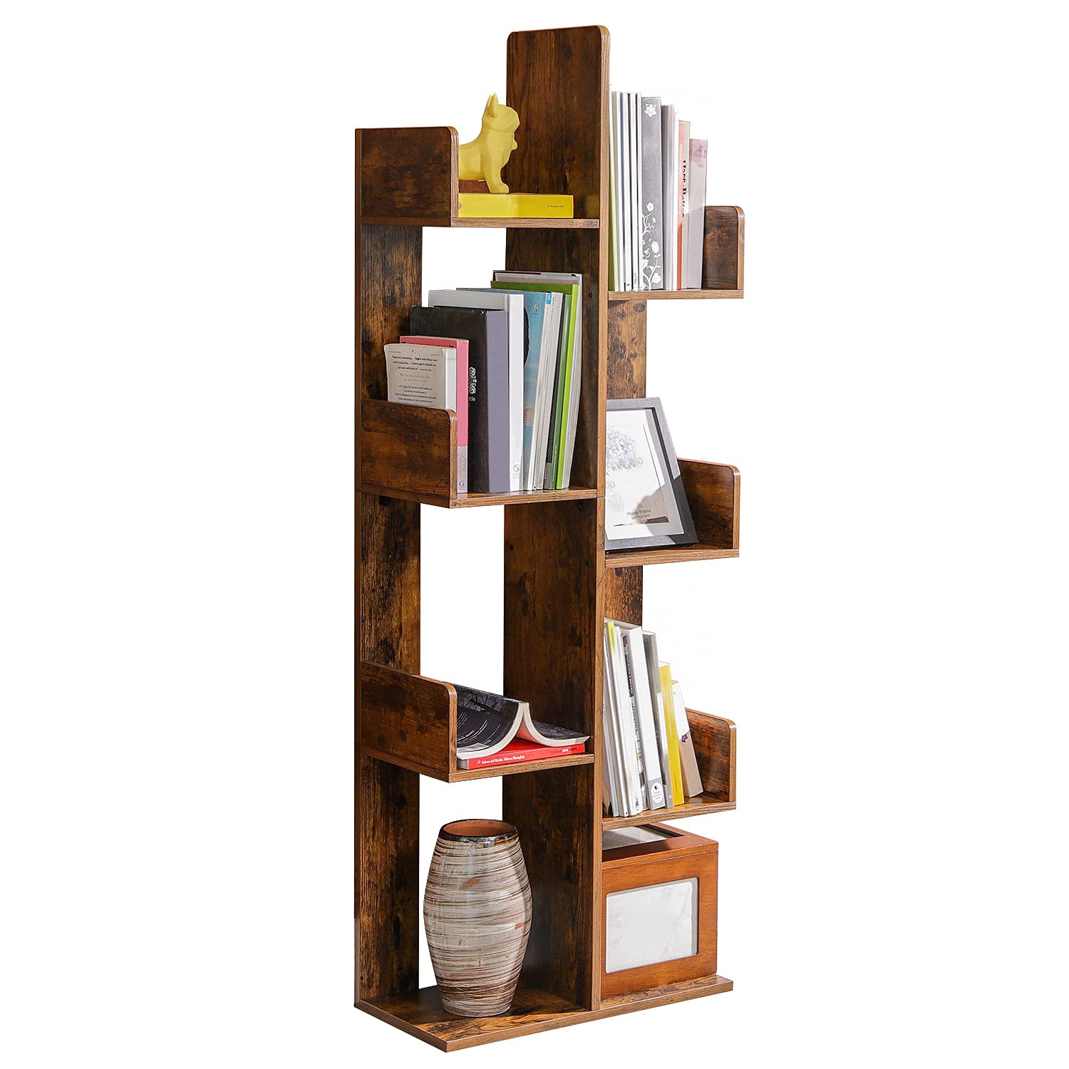 VASAGLE Bookcase, Tree-Shaped Bookshelf with 8 Storage Shelves, Rounded Corners, 19.7 x 9.8 x 55.1 Inches, Rustic Brown ULBC66BXV1