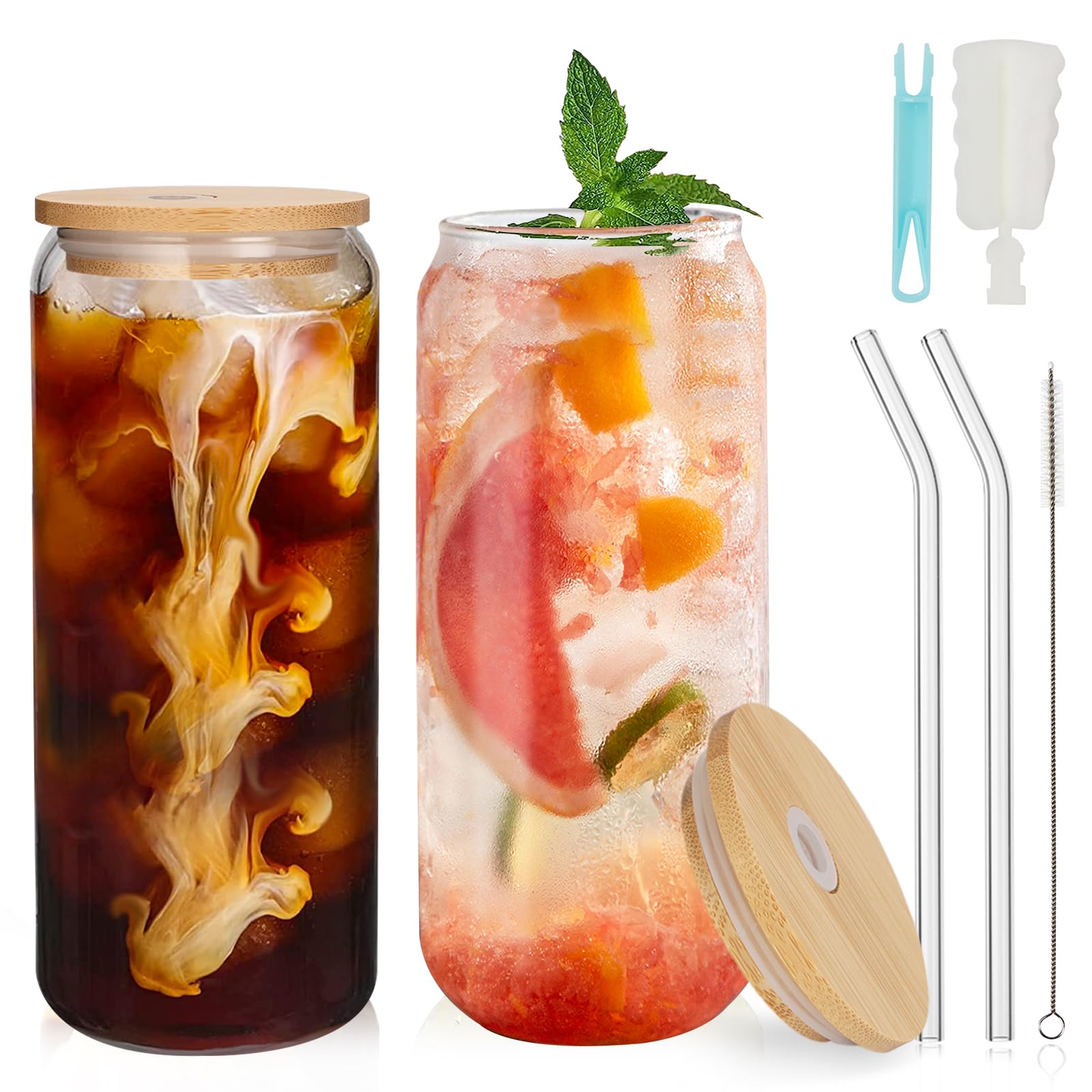 UHAPEER 2 Pack Can Shaped Glass Cup with Bamboo Lids & Glass Straw - 22oz/660ml Drinking Glasses Cup, Perfect for Iced Coffee, Beer, Cocktails, Juice, Milk, Tea,Whisky, Matcha, Coke, Soda & Water
