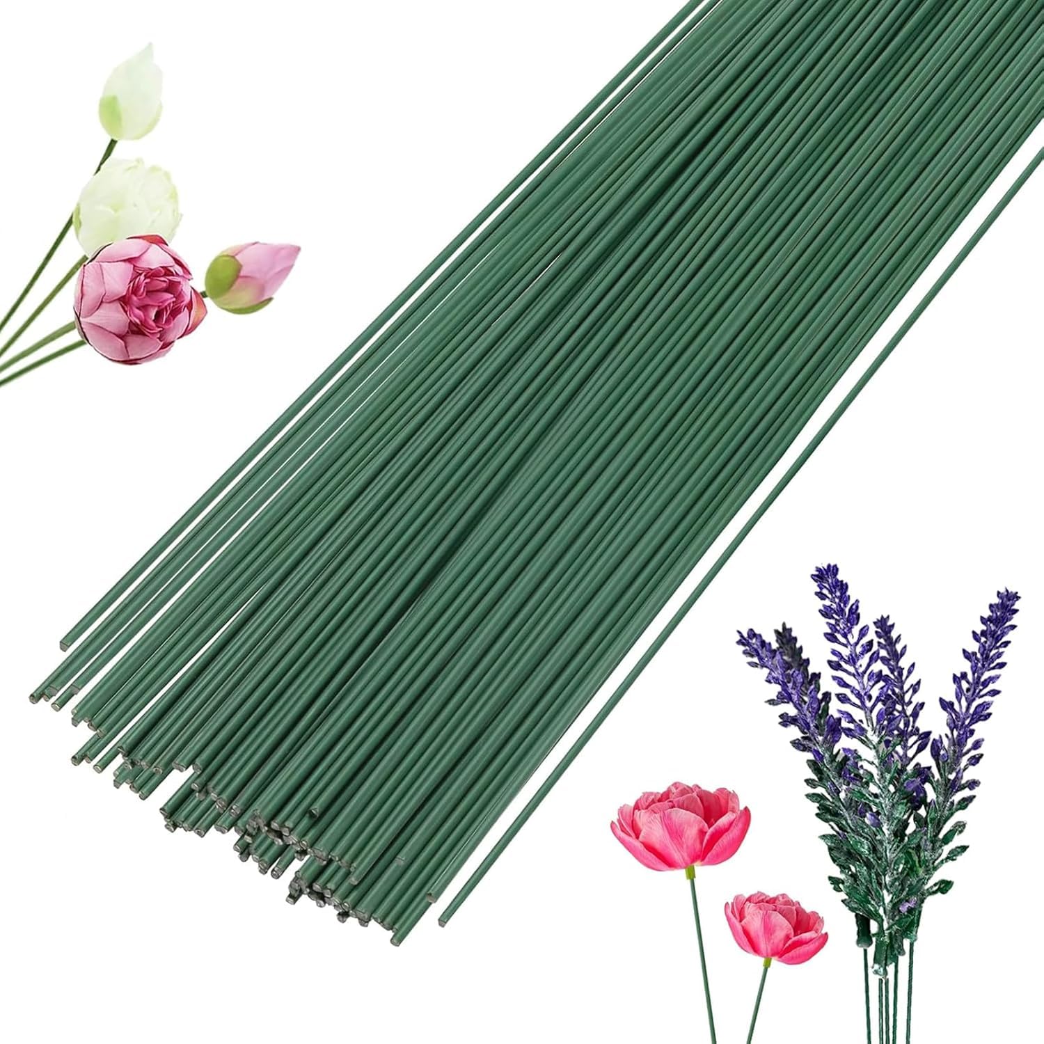 60 Pcs Floral Wire Stems, 17 cm/6.69 inch Pre-Cut Florists Stem Plastic Florists for Wreaths, Flower Wire Wrapped, for Artificial Flowers, Wreath, Bouquet(Green)