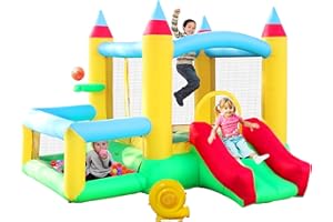 WELLFUNTIME Inflatable Bounce House with Slide, 107x106x80 Inch, Jumping Castle with Blower and Ball Pool, Basketball Game