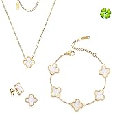 TICVRSS Lucky Clover Sets, 18K Gold Plated Four Leaf Clover Bracelet, Necklace Pendant, Earrings for Women Flower Link Bracelets Set Jewelry Gifts for Women