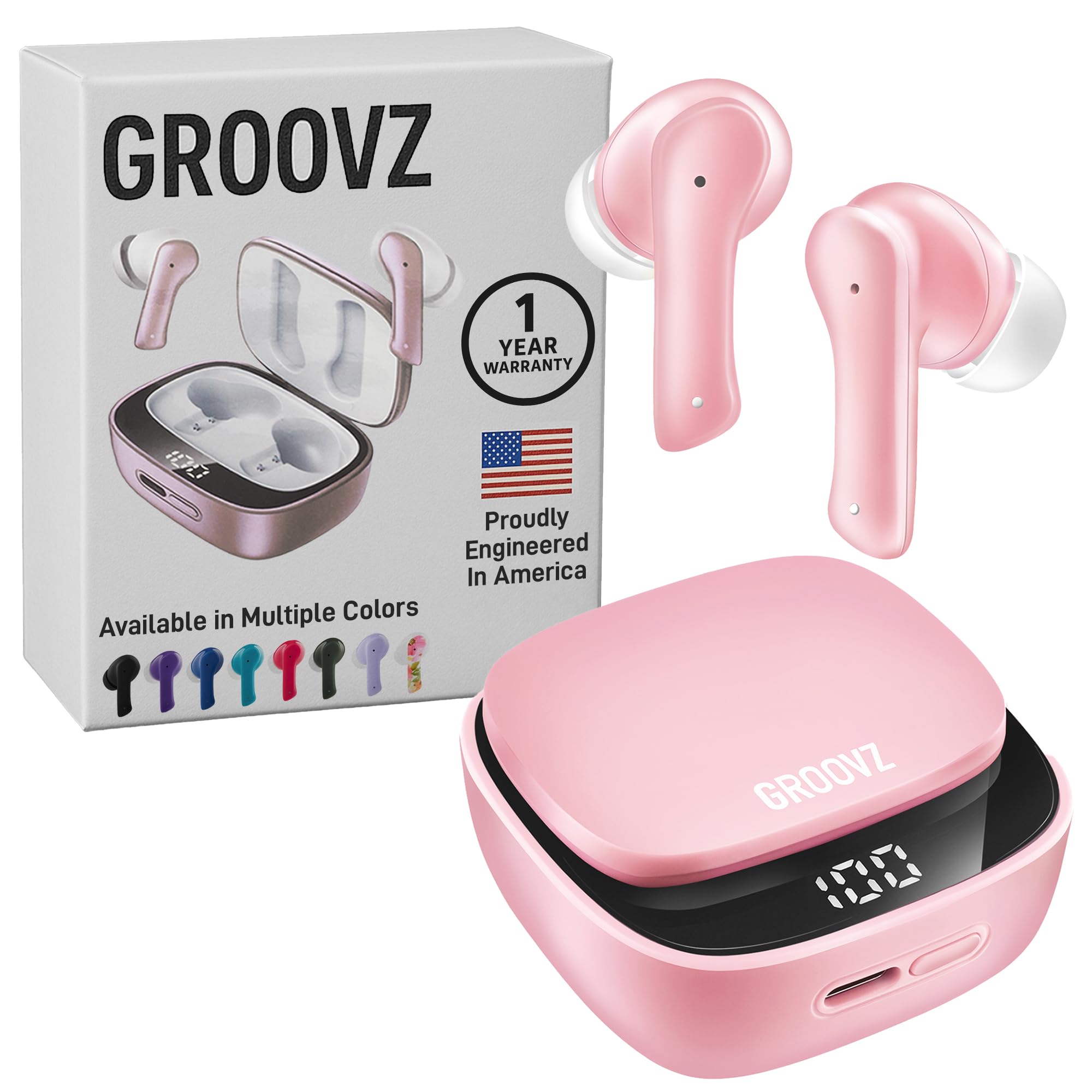 Groovz True Wireless Earbuds with Charging Case - Designed and Engineered in The USA - IPx4 Water Resistant Bluetooth Earbuds Compatible with Apple and Android - 27Hrs Battery Life - Light Pink