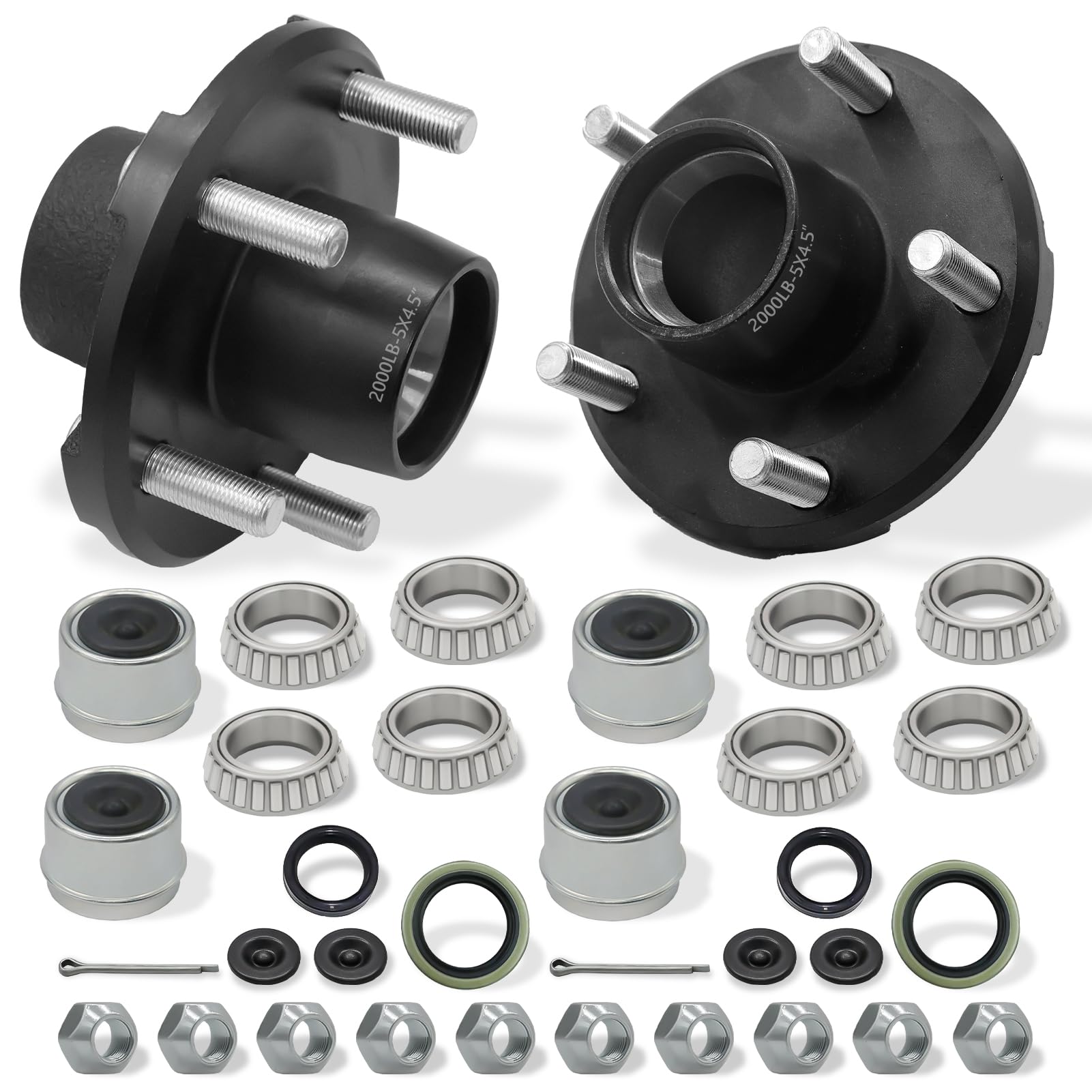Photo 1 of 2 Set Trailer Hub Kit 5 Bolt 4.5 for 2000Lb Trailer Axle Kit Fits 1" and 1-1/16" Spindle with Prelubricated L44649 Bearings Boat Trailer Hubs 5 Lug Extra Dust Cap and Rubber Plug
