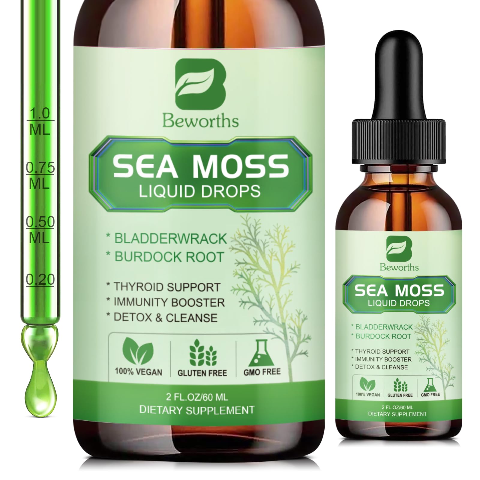 B BEWORTHS Sea Moss Liquid Drops - Organic Irish Sea Moss Gel with Spirulina, Bladderwrack, Burdock Root, Seamoss Gel Supplement for Joint, Detox Cleanse & Digestion Support - 2 Fl Oz, Vegan