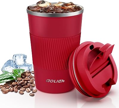 Aolieh Travel Mug 380 ml Insulated Stainless Steel Red with Lid