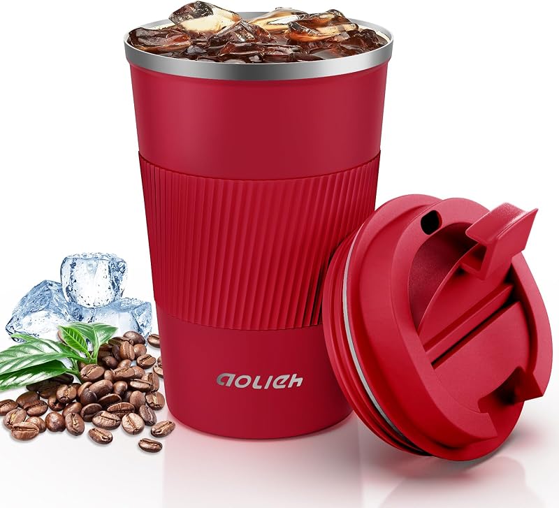 Aolieh Travel Mug 380 ml Insulated Stainless Steel Red with Lid