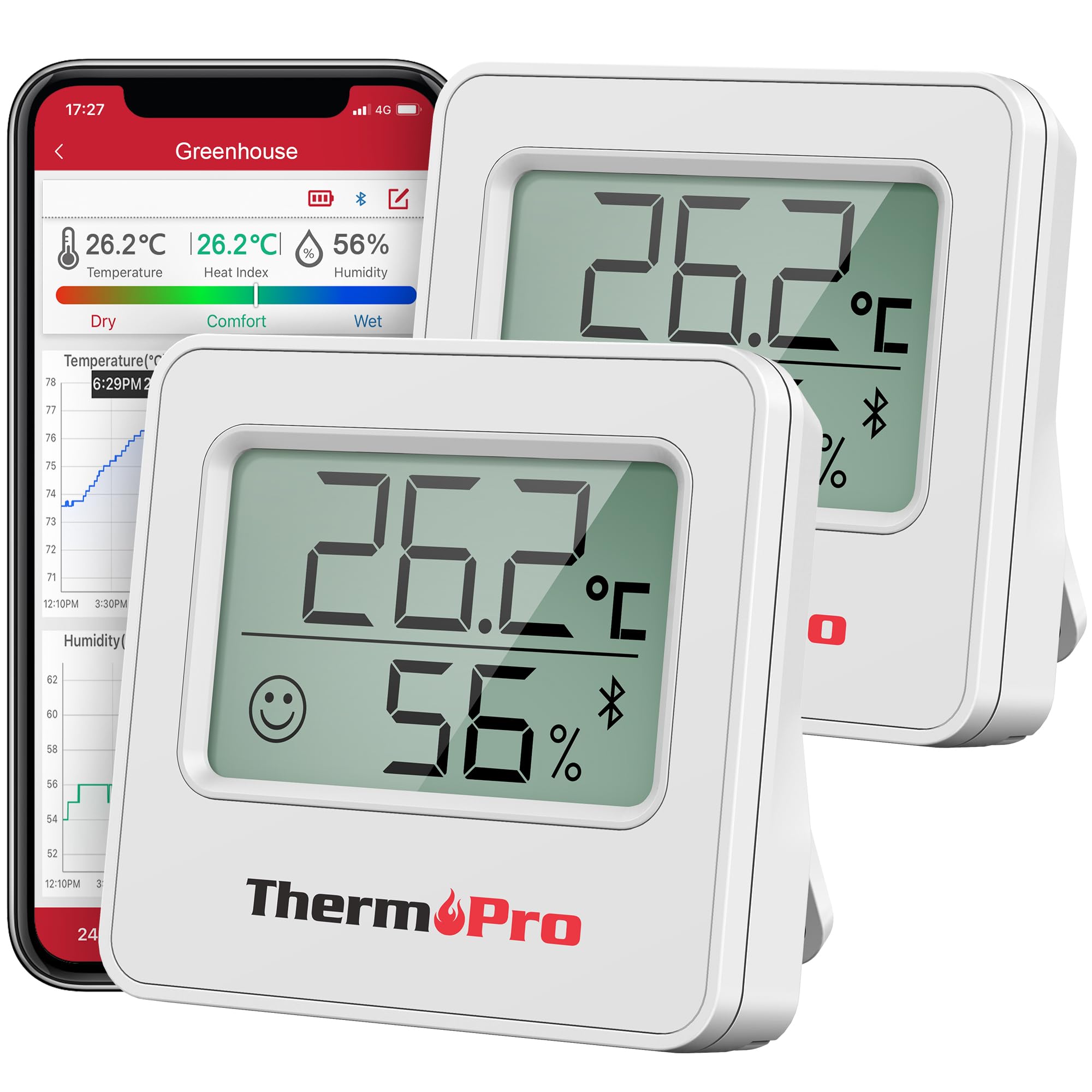ThermoPro TP357 Room Thermometer Indoor Bluetooth Hygrometer Humidity Meter and Temperature Monitor with Smart App and Data Recording with Humidity Sensor for Baby Room Office, 2 Pieces