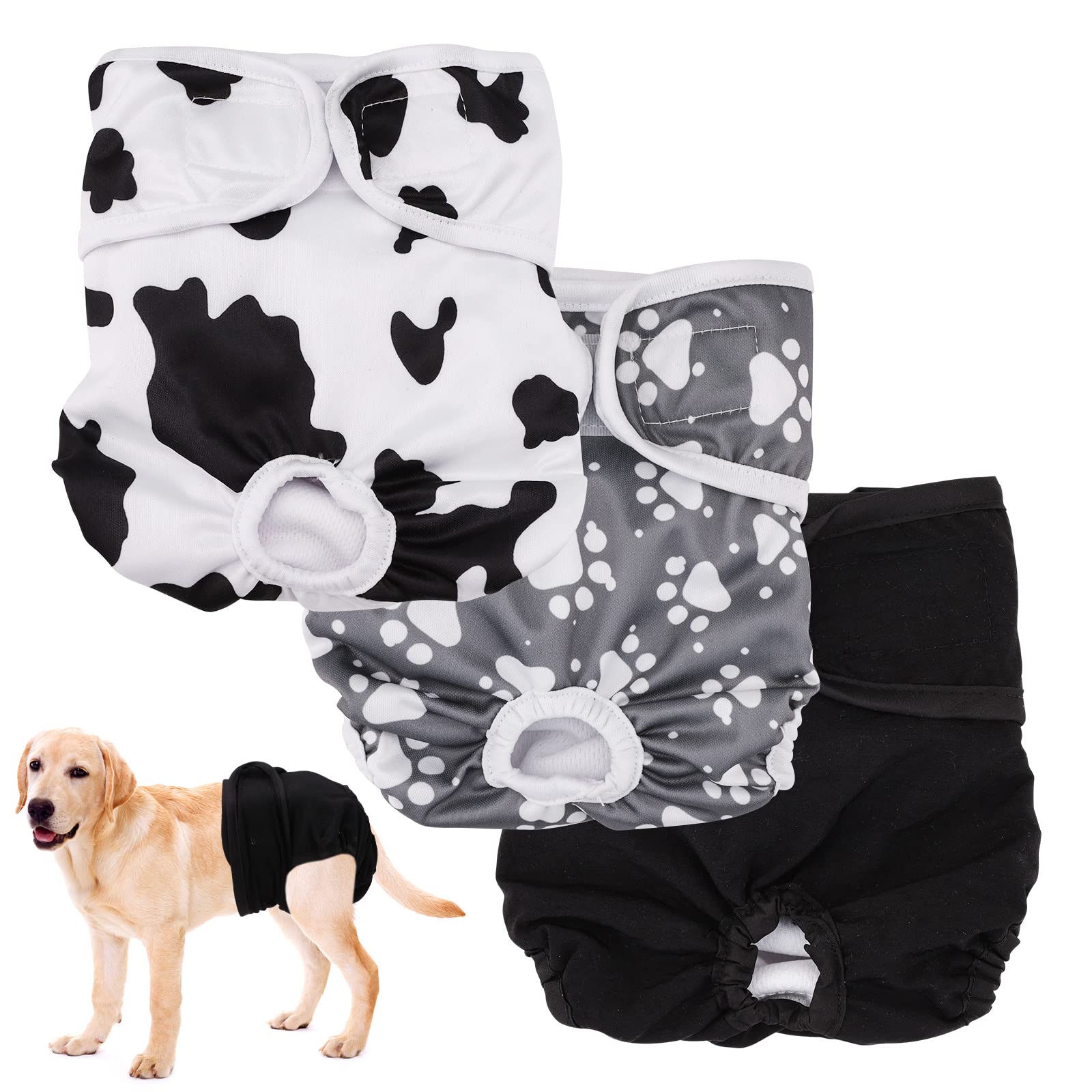 Reusable Dog Diaper, 3 Pack Washable Female Dog Nappies Super Absorbent Pet Diapers Dog Sanitary Panties Soft Cartoons Puppy Sanitary Wraps Panties for Small Medium Large Dogs (L)