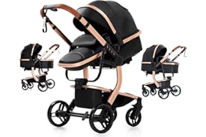 MAGIC ZC PU Leather 2 in 1 Baby Stroller with Bassinet, Reversible Newborn Foldable Pram, Infant High Landscape Pushchair, Portable Standard Stroller, Reclining Buggy, Baby Carriage (2US518-Black)