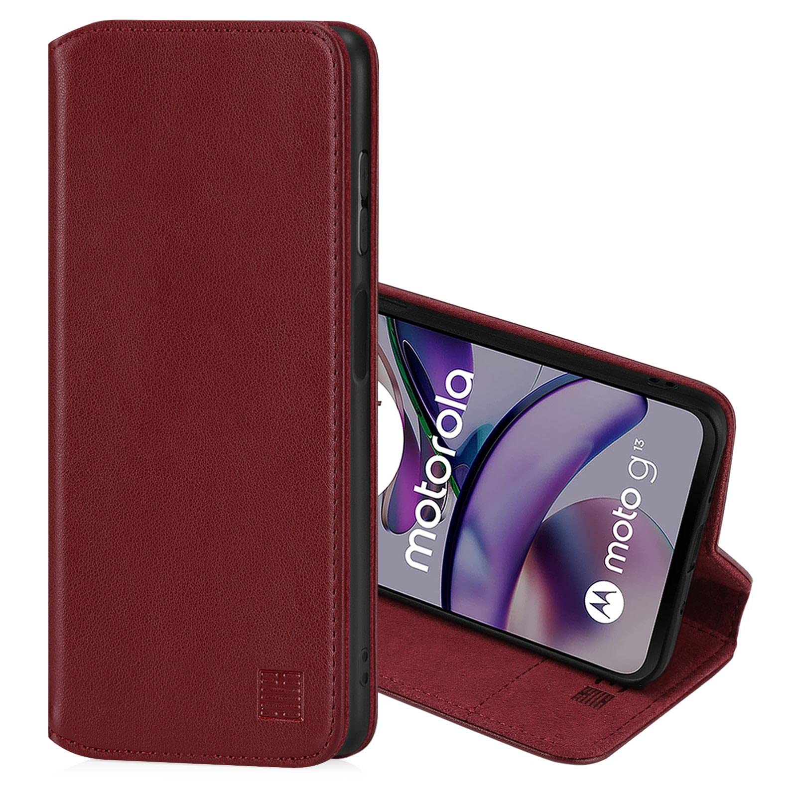 32nd Classic Series 2.0 - Real Leather Book Wallet Flip Case Cover For Motorola Moto G13 & G23, With RFID Blocking Card Slot, Magnetic Closure and Built In Stand - Burgundy