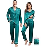 YOPUGEE Matching Pajamas for Couples Long Sleeve Satin Silky Sleepwear Classic Button Down Pjs