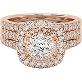 AFFY Bridal Set Rings For Women, 1.00 Carat (ctw) Lab Grown Diamond Halo Wedding Engagement Ring Set In 14K Gold Over Sterling Silver, 10K Or 14K Solid Gold Jewelry Gifts For Her