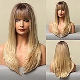 HAIRCUBE Blonde Wigs for Women Long Straight Ombre Wigs with Bangs Heat Resistant Fiber Synthetic Wigs Daily Natural looking