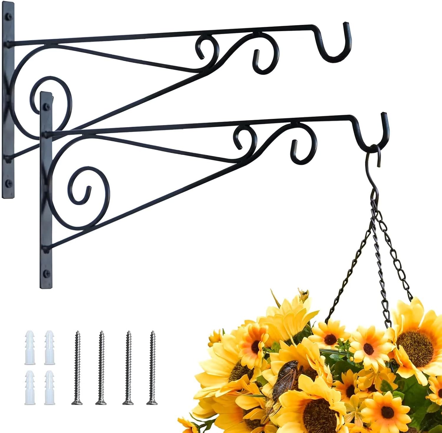 Outdoor Hanging Brackets - GIRONY Plant Hanger Bracket Hanging Heavy Duty Hand Forged Black Wrought Iron Farmhouse Vintage Style Macrame Metal Decorative Plant Hooks for Wall Outdoor Indoor Large15 in Holds to 20 Lbs 2pc