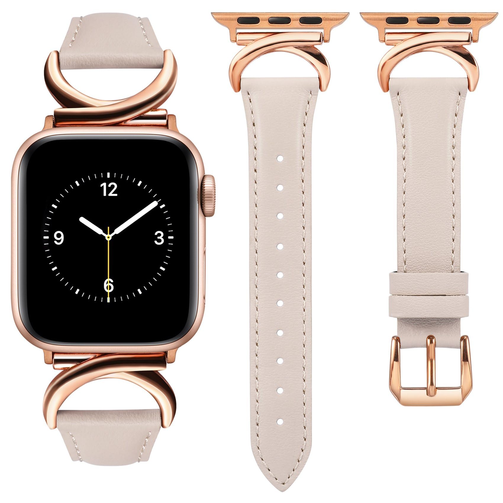 TOYOUTHS Leather Strap Compatible with Apple Watch Straps 44mm 45mm 49mm 46mm 42mm Women Slim Thin Dressy Strap with C-Shaped Buckle for iWatch 11 10 9 8 7 6 5 4 SE/Ultra 3 2 1, Starlight/Rose Gold