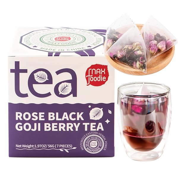 MAX FOODIE ROSE & BLACK GOJI BERRY HERBAL TEA – NATURAL ANTIOXIDANT-RICH BLEND FOR SKIN GLOW, RELAXATION & IMMUNE SUPPORT – 7 TEA BAGS (70G, 8G/BAG)