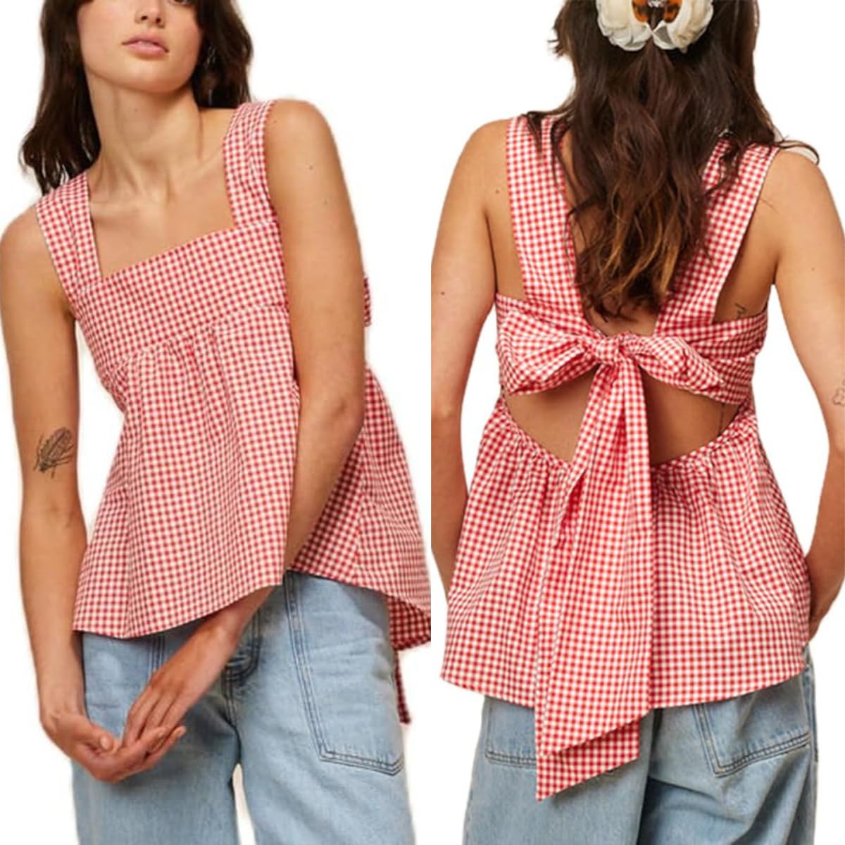 Photo 1 of KOSUSANILL Y2k Gingham Tank Top Women Sleeveless Backless Back with Bow Cute Square Neck Ruffle Peplum Babydoll Camisole Going Out Cami Shirt Vest Blouse (Red Plaid Bowtie, S)