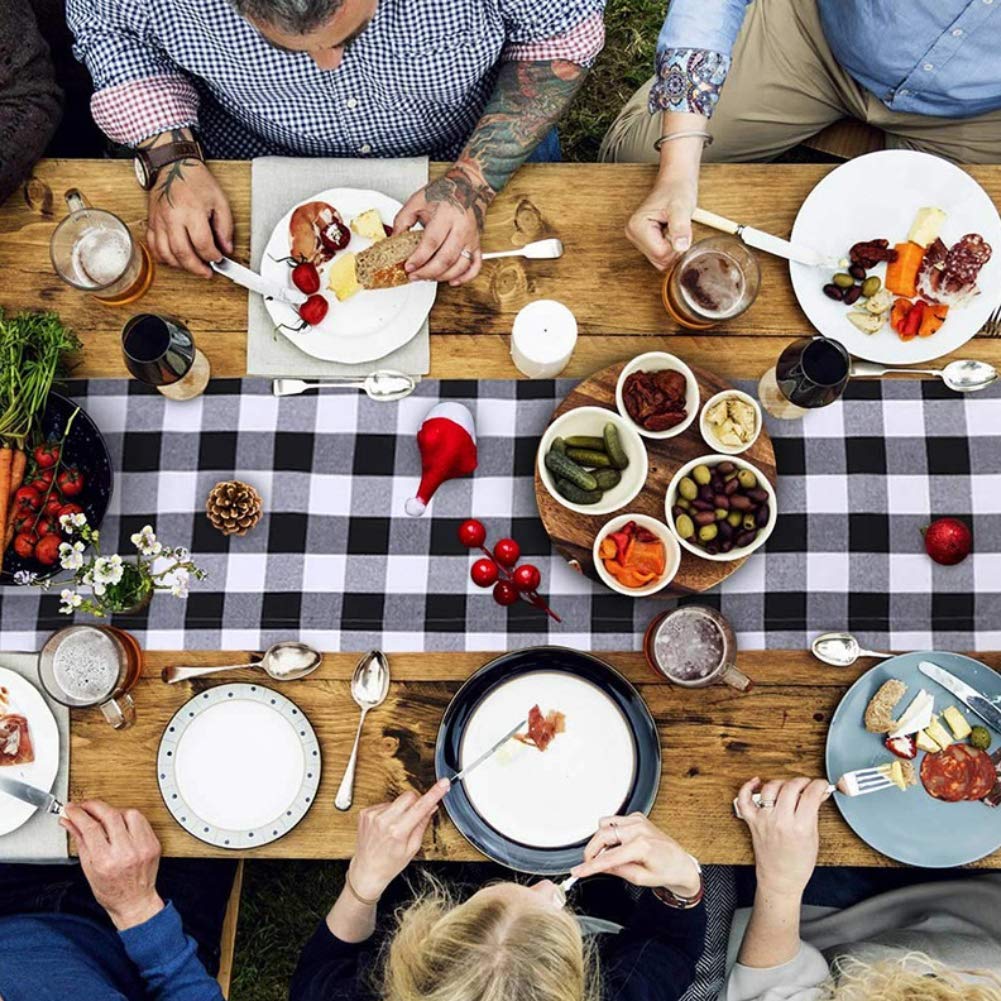 HAKACC Black and White Buffalo Plaid Table Runner Cotton Burlap Table Runner for Christmas Holiday Birthday Party Table Home Decoration