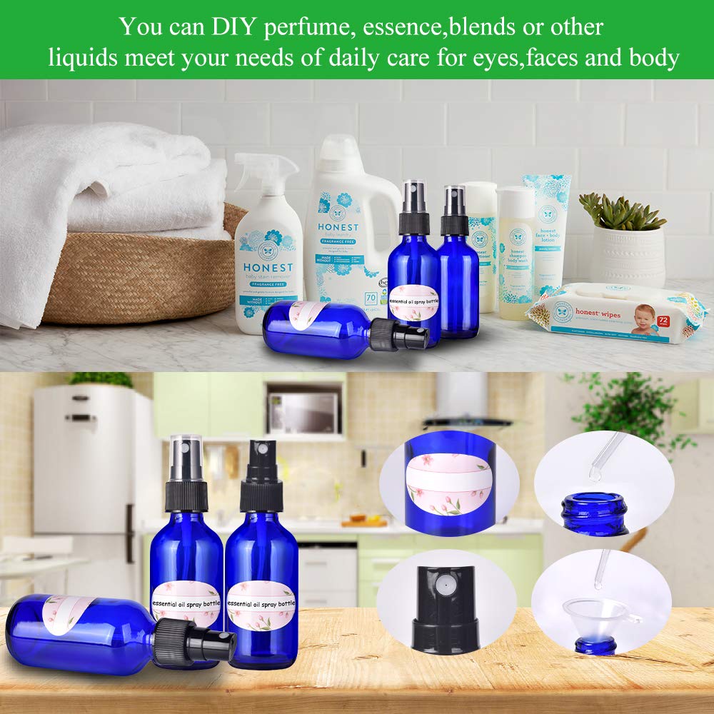 Empty spray bottles, 2oz Refillable Glass Spray Bottle is Great for Essential Oils, Beauty Products, Homemade Cleaners and Aromatherapy-12Pack (3 Funnels, 5 Droppers, 3 Extra Nozzles, Labels Included) : Beauty