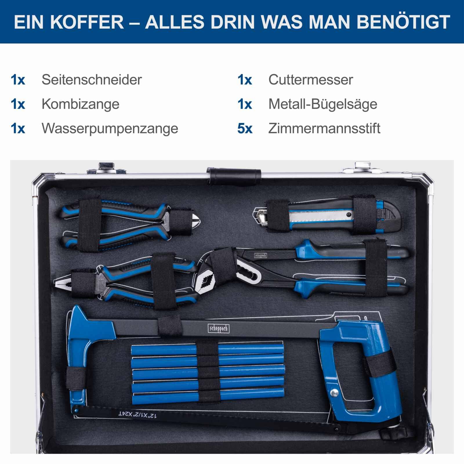 Scheppach TB200 Aluminium Werkzeugkoffer gefüllt 141-tlg Werkzeug Set | Werkstattkoffer bestückt mit Schraubenschlüssel, Hammer, Zange, Schraubenzieher, Werkzeugkiste für Werkstatt und Haushalt 8