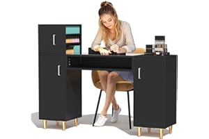 ELEVACHIC Manicure Table Nail Desk for Nail Tech w/Glass Top & Wrist Rest, Versatile Manicure Station with Shelves, Storage Cabinets, Drawers, Beauty Nails Art Equipment for Salon and Home Use, Black