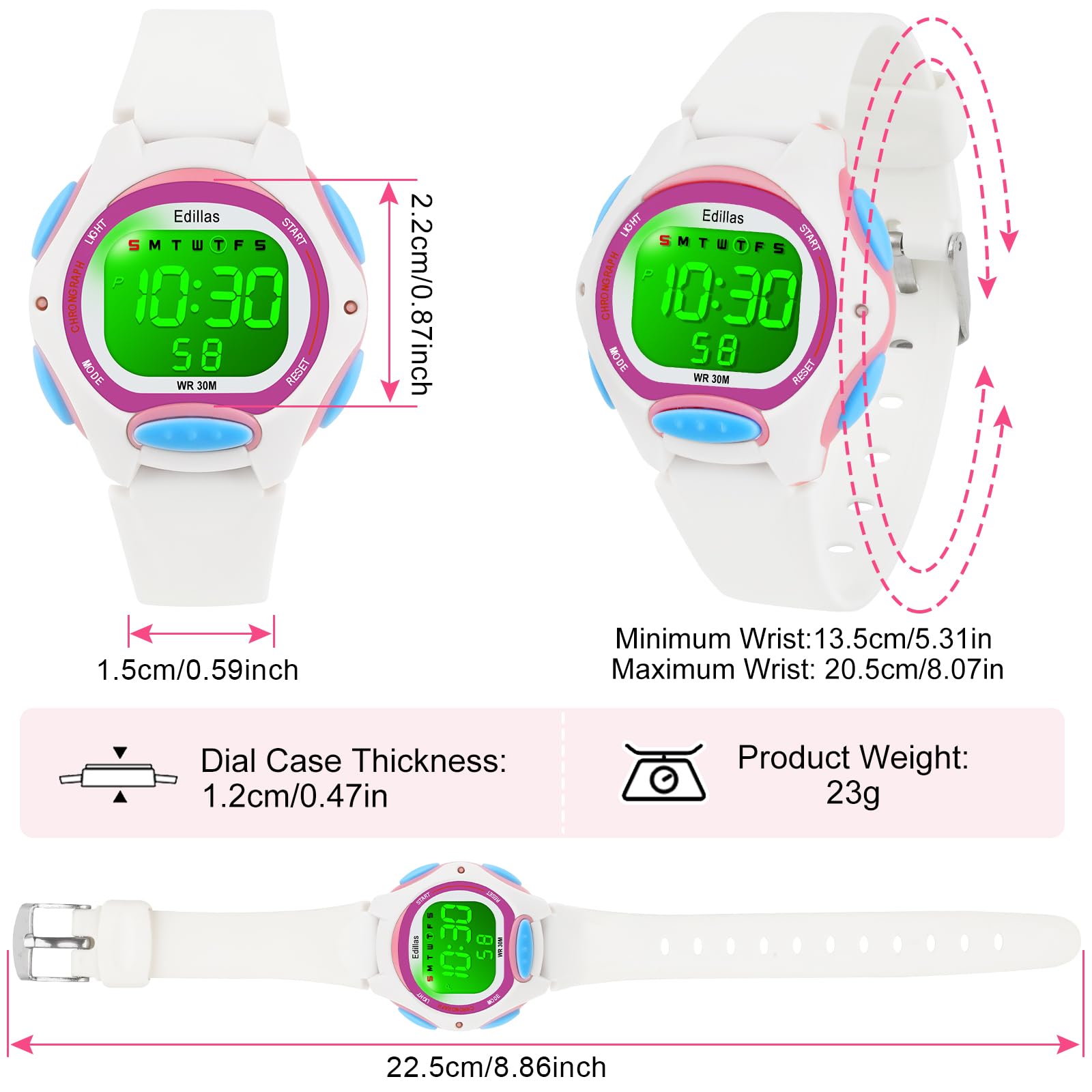 Edillas Kids Watches Digital Girls Boys,7 Colors Light Wrist Watch for Child Waterproof Sport Outdoor Multifunctional Watches with Stopwatch/Alarm for Ages 4-15