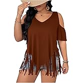 RoseSeek Women's Plus Size Fringe Hem V Neck Tops Short Sleeve Cold Shoulder T Shirts Top