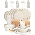 OAMCEG Wheat Straw Dinnerware Sets 42 Pcs, Plastic Wheatstraw Plates and Bowls Sets Kitchen Set for 6, Unbreakable Dishwasher Microwave Safe Dinnerware Dish, Kitchen Outdoor Camping Dishes, White