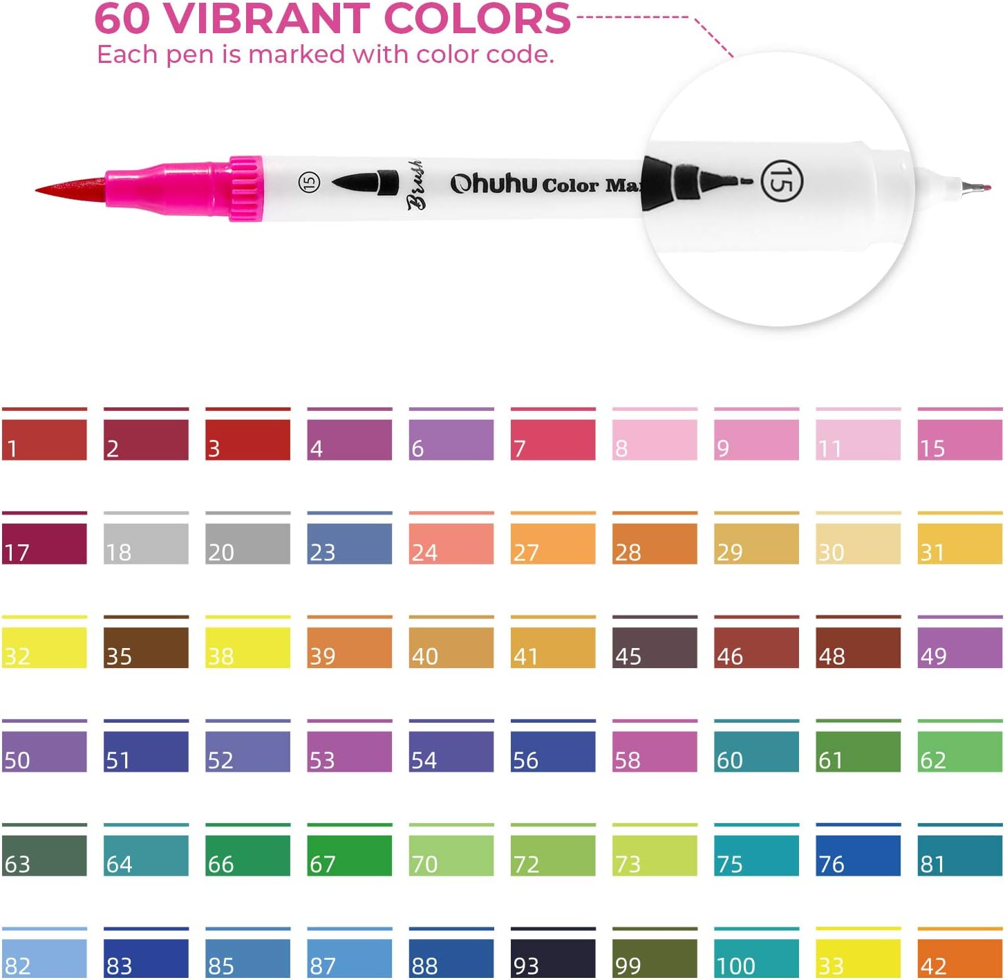 Ohuhu Art Markers Dual Tips Coloring Brush Fineliner Color Pens, 60 Colors of Water Based Marker for Calligraphy Drawing Sketching Coloring Book Bullet Journal Art Mother's Day Back To School Gifts
